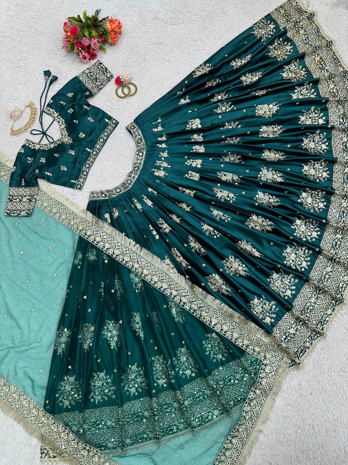 Premium Japan Satin Embroidered Lehenga Choli with Net Dupatta (Semi-Stitched)