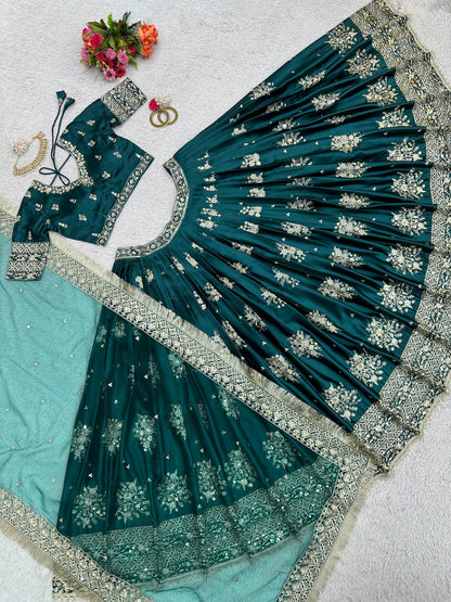 Premium Japan Satin Embroidered Lehenga Choli with Net Dupatta (Semi-Stitched)