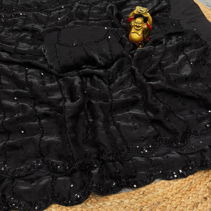 Black Beads Work Space Silk Party Wear Saree