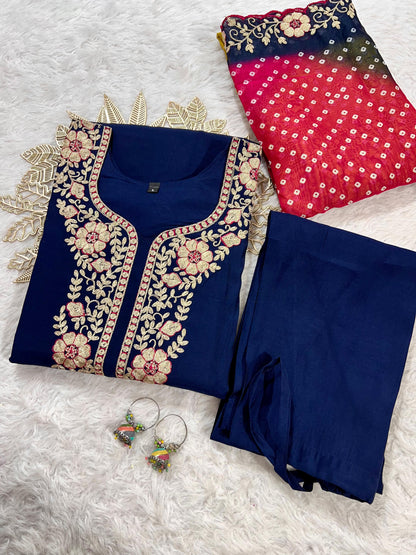 Designer Roman Silk Kurti Pant Set with Gota Patti Embroidery & Lehariya Dupatta
