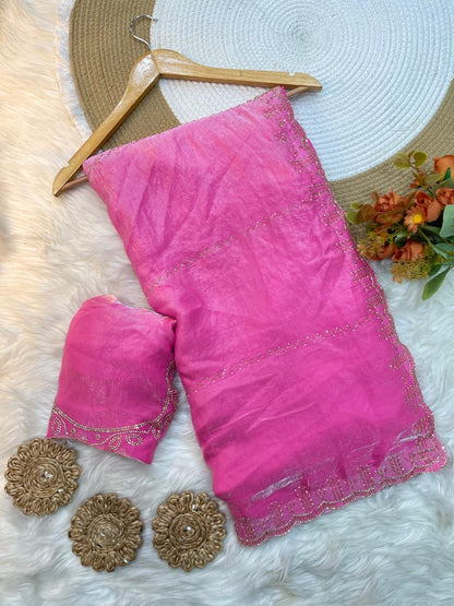 Rupali Pink Space Silk Saree with Hand Jharkhand Cutdana Border & Designer Blouse