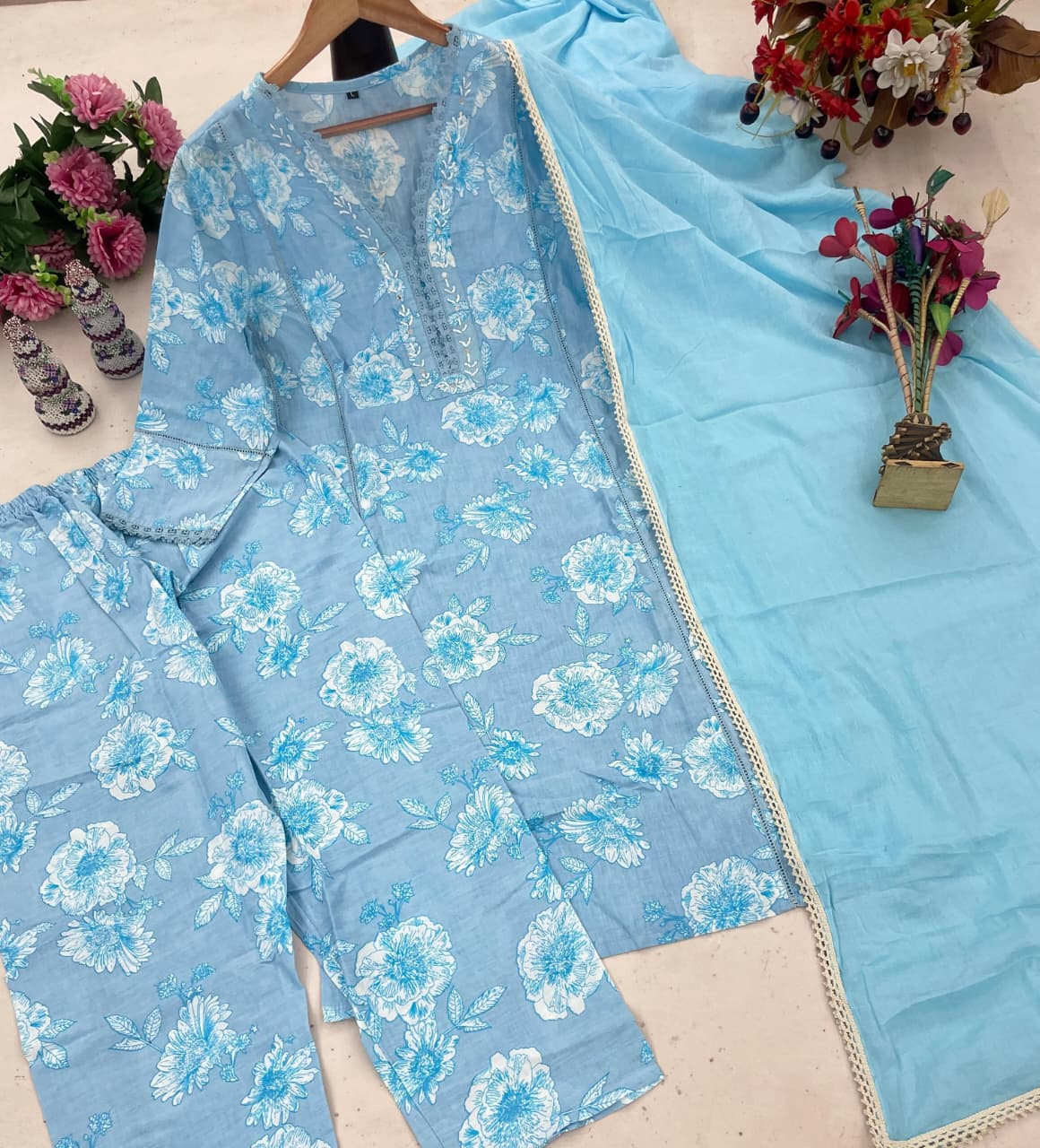 Premium Embroidered Cotton Kurti Pant Dupatta Set – Festival Wear Designer Suit for Women