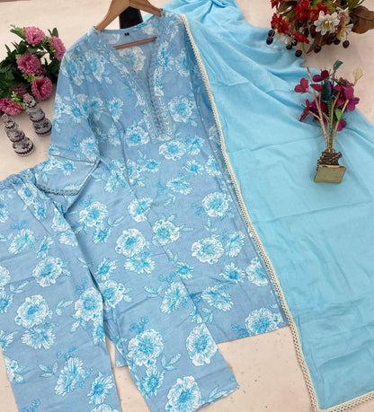 Premium Embroidered Cotton Kurti Pant Dupatta Set – Festival Wear Designer Suit for Women