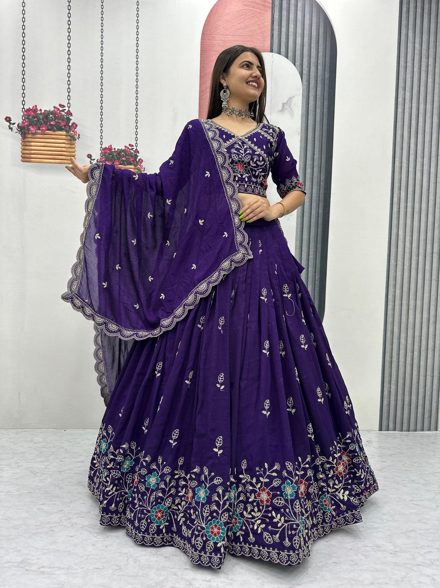 Festival Wear Heavy Embroidery Vichitra Silk Lehenga Choli Set | Red & Purple