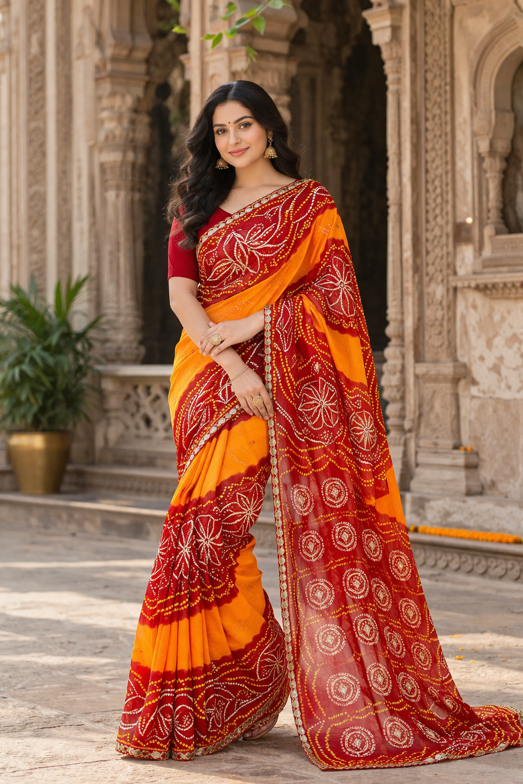 Traditional Georgette Bandhej Piliya Saree with Red Pallu & Kacchi Gota Patti Work