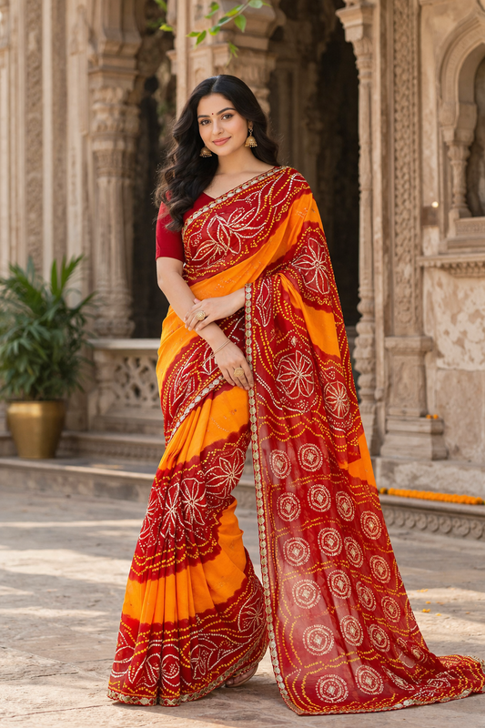 Traditional Georgette Bandhej Piliya Saree with Red Pallu & Kacchi Gota Patti Work