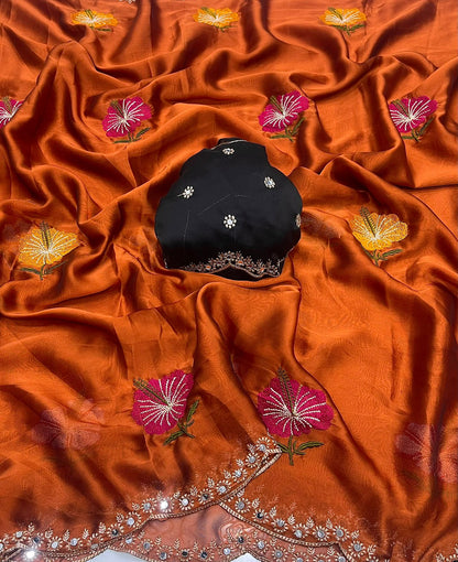 Soft Rangoli Silk Saree with Floral Embroidery & Mirror Work Border