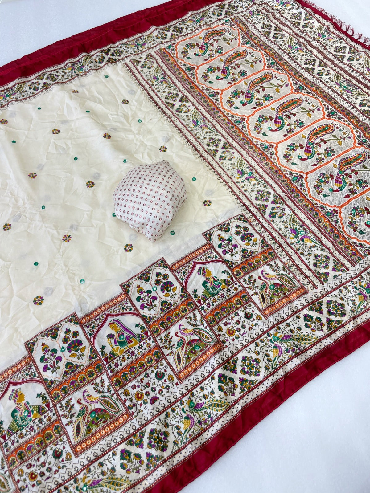 Premium Pure Moss Chiffon Saree with Peacock Floral Print & Mirror Work