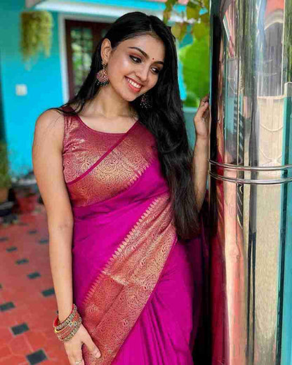 Elegant Pink Silk Saree with Rich Golden Border – Festive & Wedding Wear