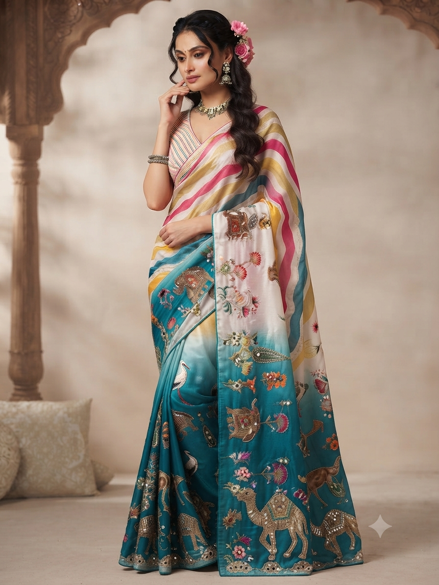 Beautiful Rajasthani Royal Look Soft Chinon Digital Saree with Mirror Work