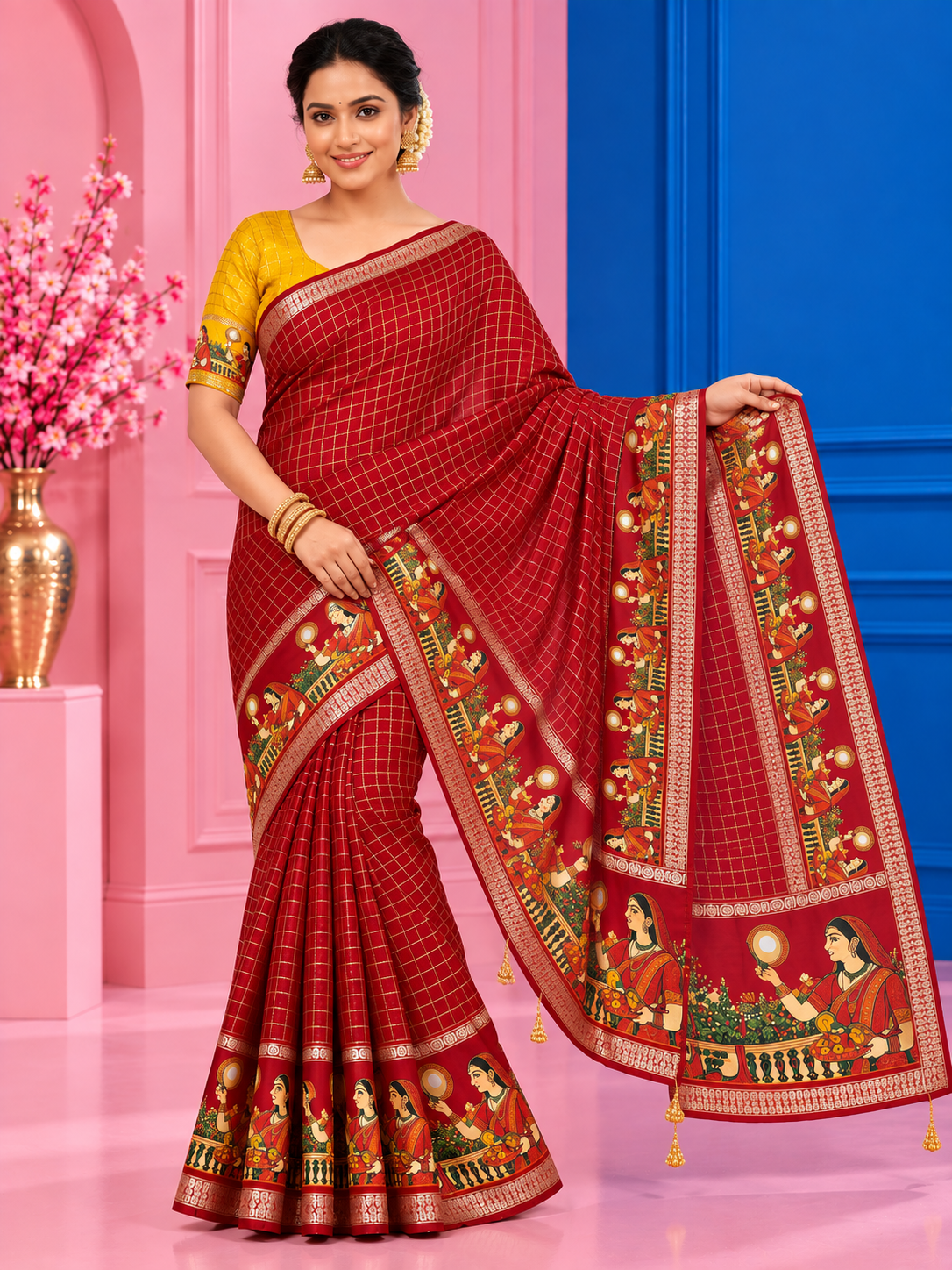 Karwa Chauth Special Viscose Checks Saree with Zari & Mirror Work Satin Border
