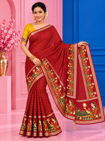 Karwa Chauth Special Viscose Checks Saree with Zari & Mirror Work Satin Border