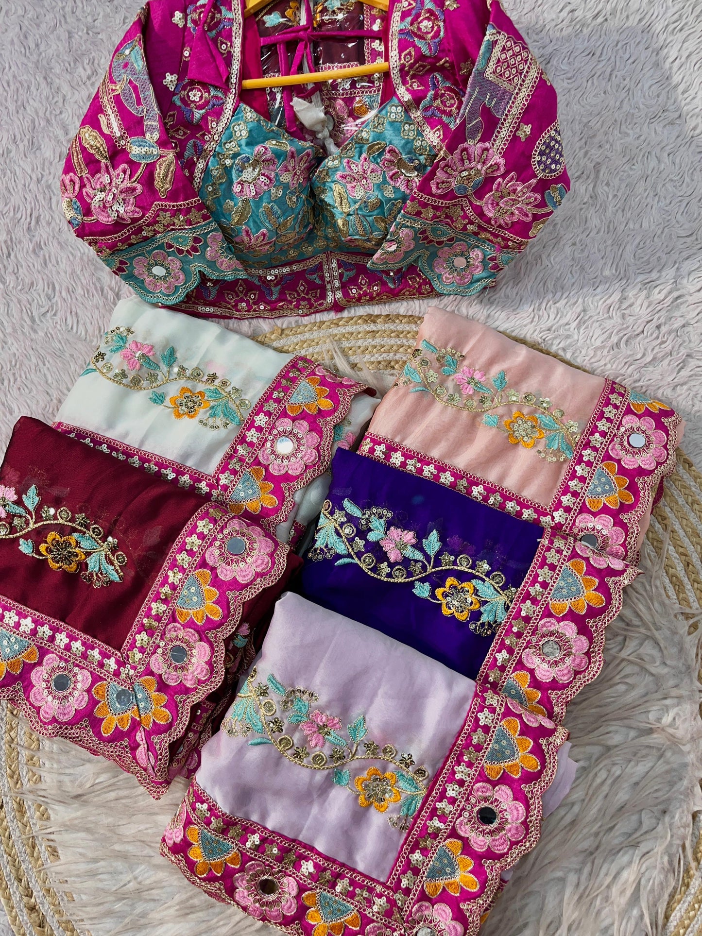 Premium Rangoli Silk Designer Saree with Embroidery & Mirror Work Blouse