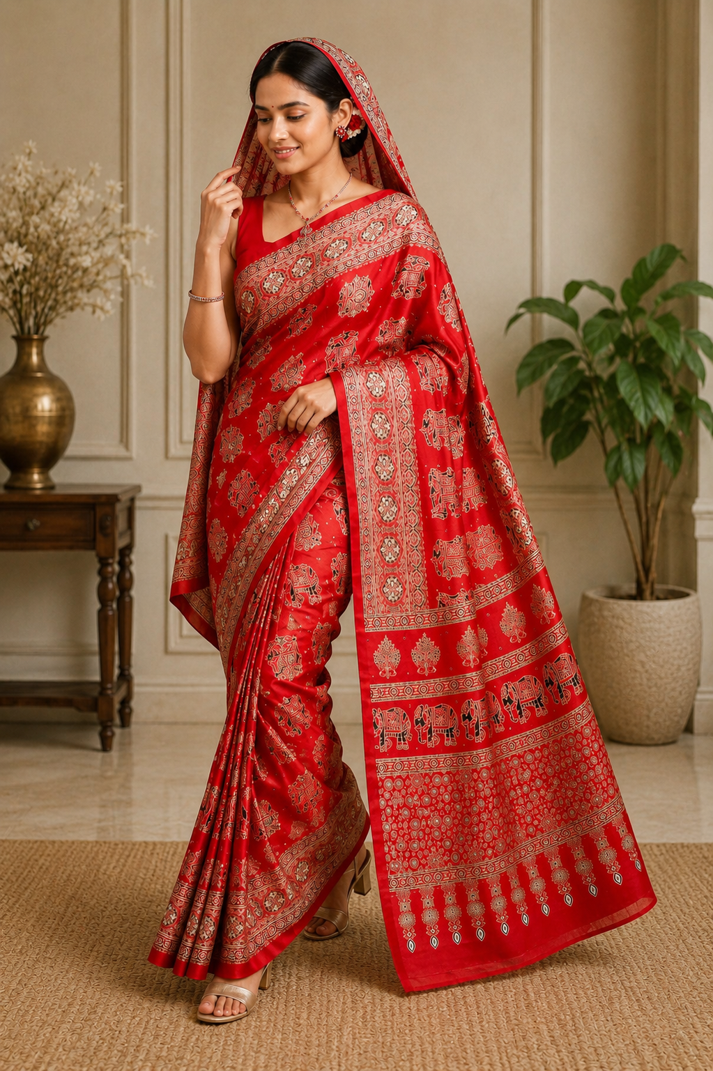 Elegant Ajrakh Pure Gajji Bandhej Soft Silk Saree With Mirror Work