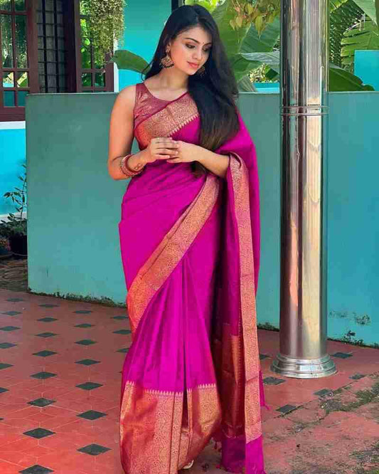 Elegant Pink Silk Saree with Rich Golden Border – Festive & Wedding Wear