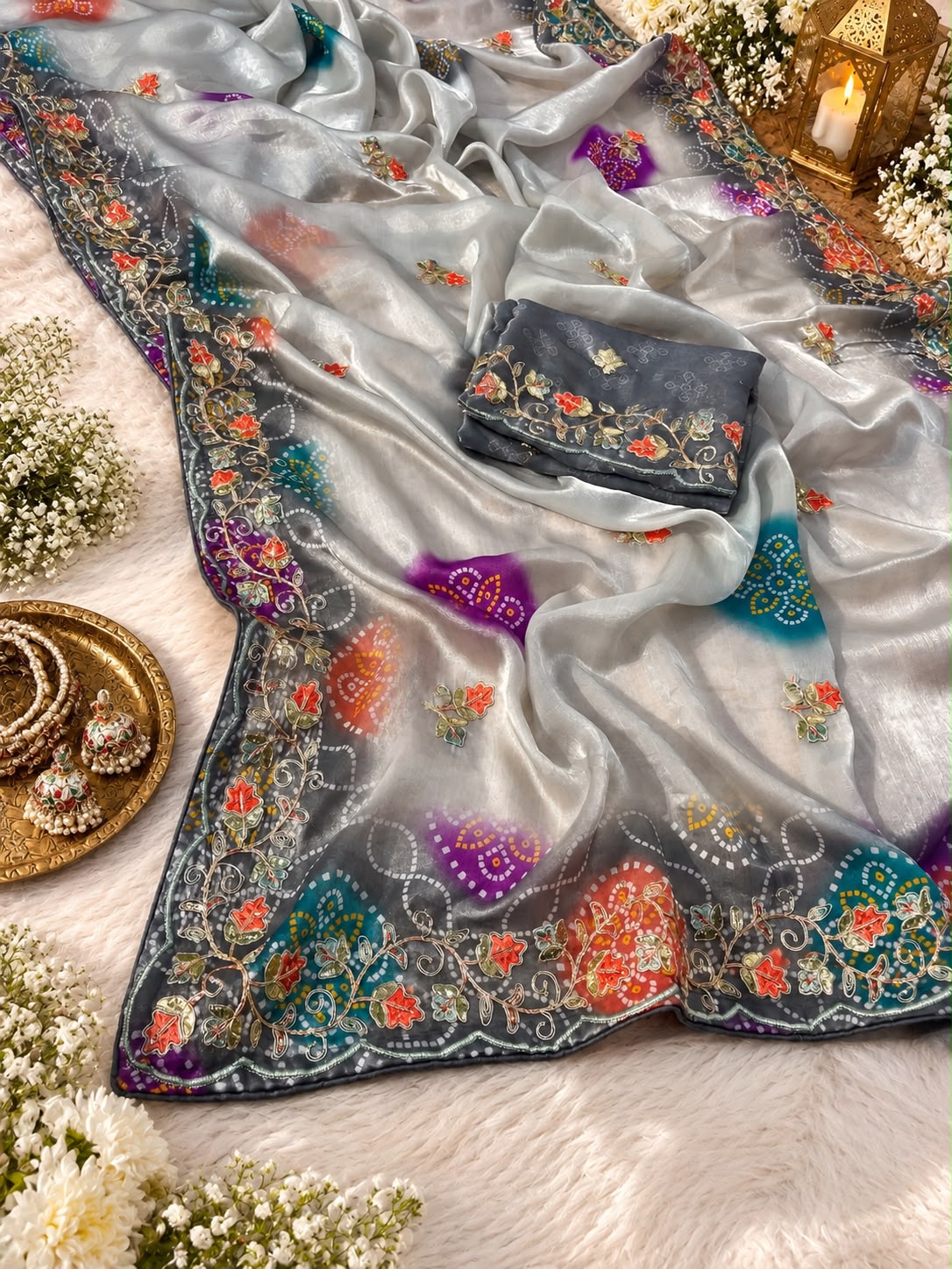 Soft Shine Space Silk Saree with Bandhej Print, C-Pallu Gotafoil Work & Butti