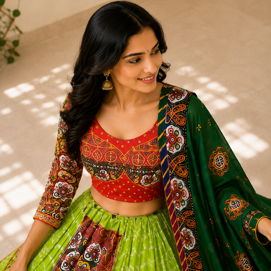 Designer Digital Print Muslin Cotton Lehenga Choli with Mirror Work & Dupatta