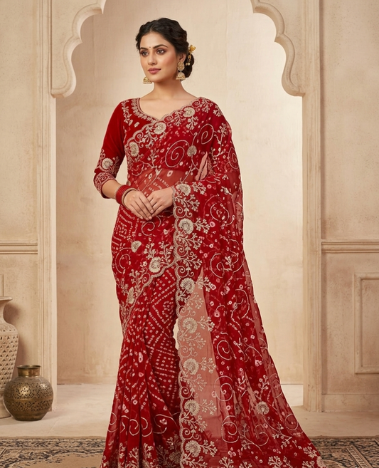 Elegant Red Designer Saree with Allover Embroidery Work – Party Wear Collection