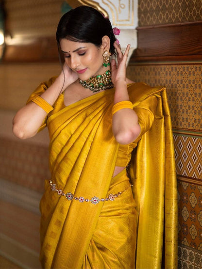 Mustard Yellow Zari Work Silk Look Saree