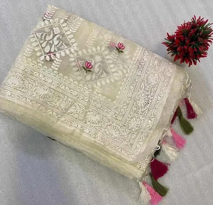 Pure Soft Organza Silk Saree with Lucknowi Embroidery & Silver Zari Work