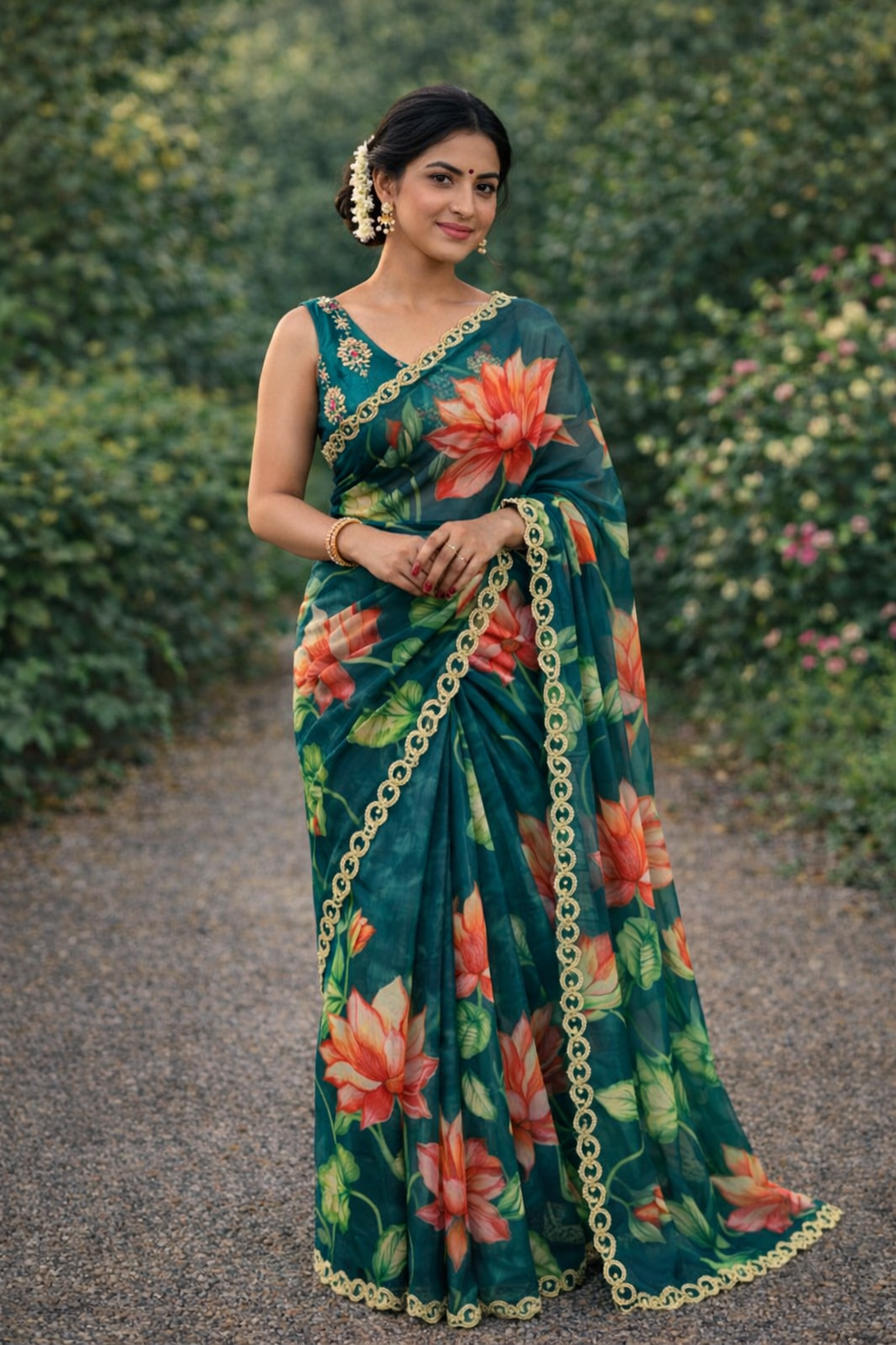 Pure Soft Teby Silk Floral Print Saree with Khatli Moti Border & Designer Blouse