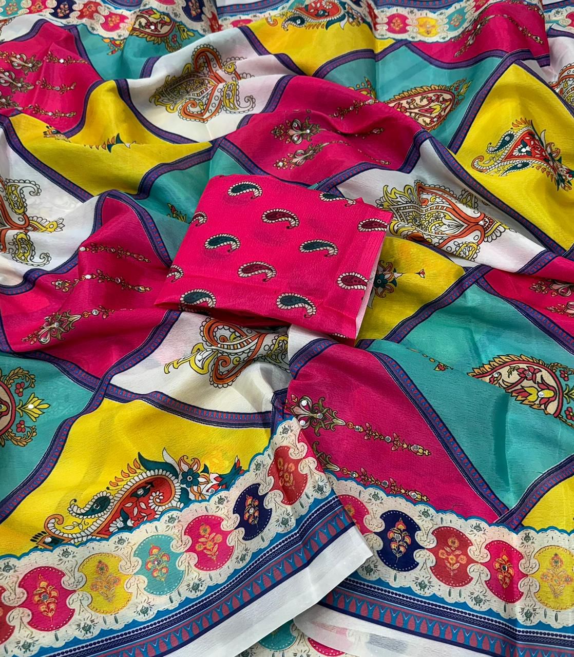 Designer Chinon Digital Print Mirror Work Saree Collection
