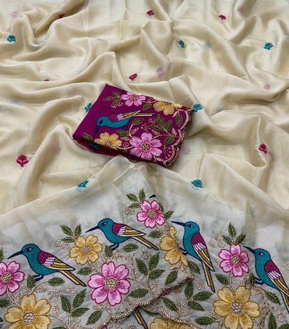 Rangoli Silk Saree with Heavy Floral Work Border & Contrast Designer Blouse