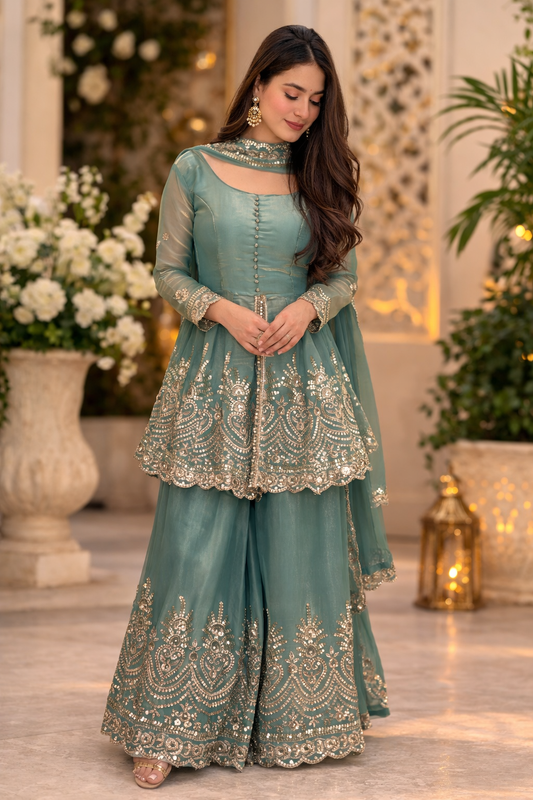 Heavy Two Tone Fendy Silk Sharara Suit With Embroidery Sequins & Mirror Work Dupatta
