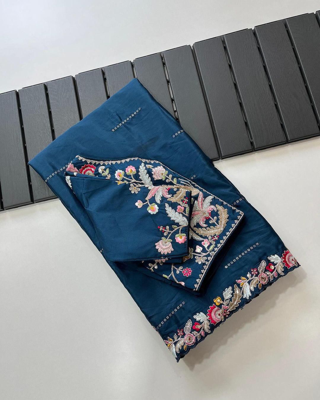 Rangoli Silk Embroidery Saree with Sequence Work & Designer Cut Work Border