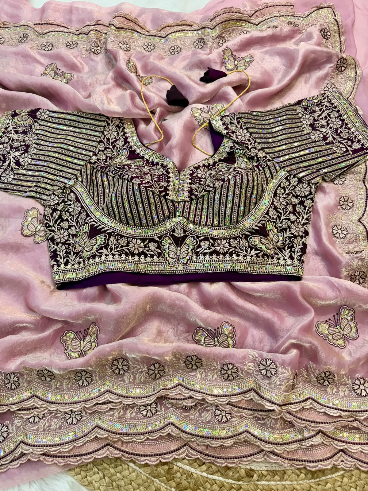 Sabyasachi Inspired Space Silk Saree with Butterfly Embroidery & Stitched Blouse
