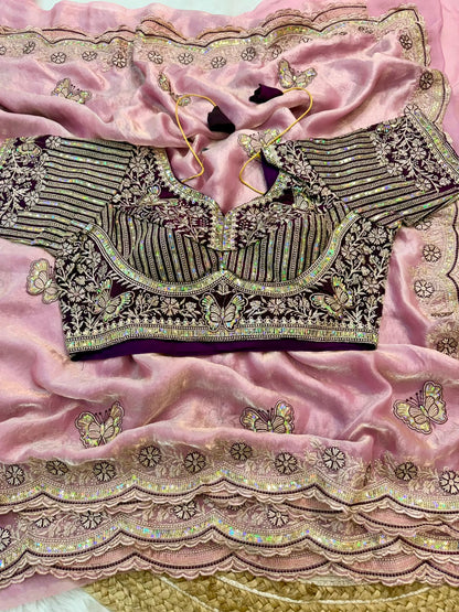Sabyasachi Inspired Space Silk Saree with Butterfly Embroidery & Stitched Blouse