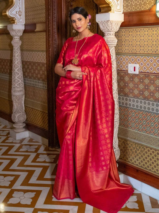 Royal Red Zari Work Silk Look Saree