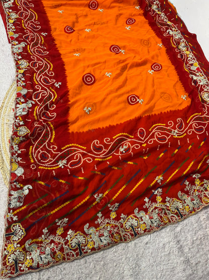 Premium Bandhani Peliya Saree with Heavy Multi Coding C-Pallu Work | Designer Party Wear Saree