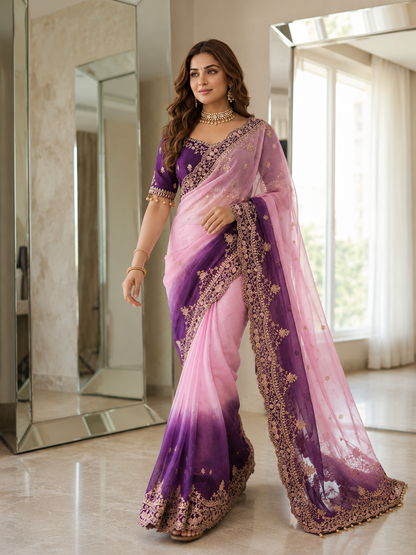 Shipra Embroidered Moss Saree with Sequins Border & Designer Stitched Blouse