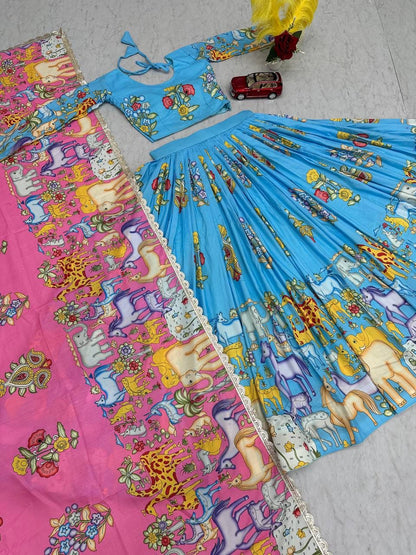 Kalamkari Print Cotton Lehenga Choli with Dupatta