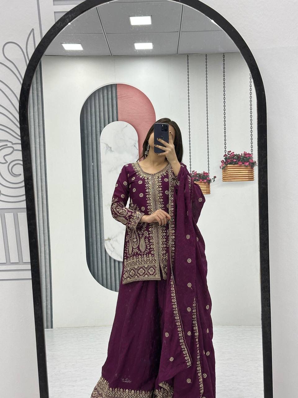 Designer Chinon Party Wear Top Plazzo Set