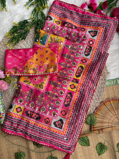 Karigari Soft Chinon Silk Digital Print Saree with Hand Aari Work & 2000+ Real Mirror Work