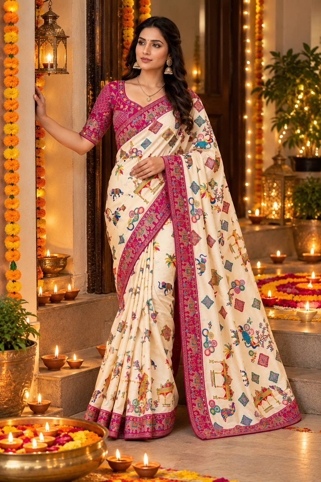 Printed Chinnon Silk Saree with Sequins Embroidery & Banglori Blouse