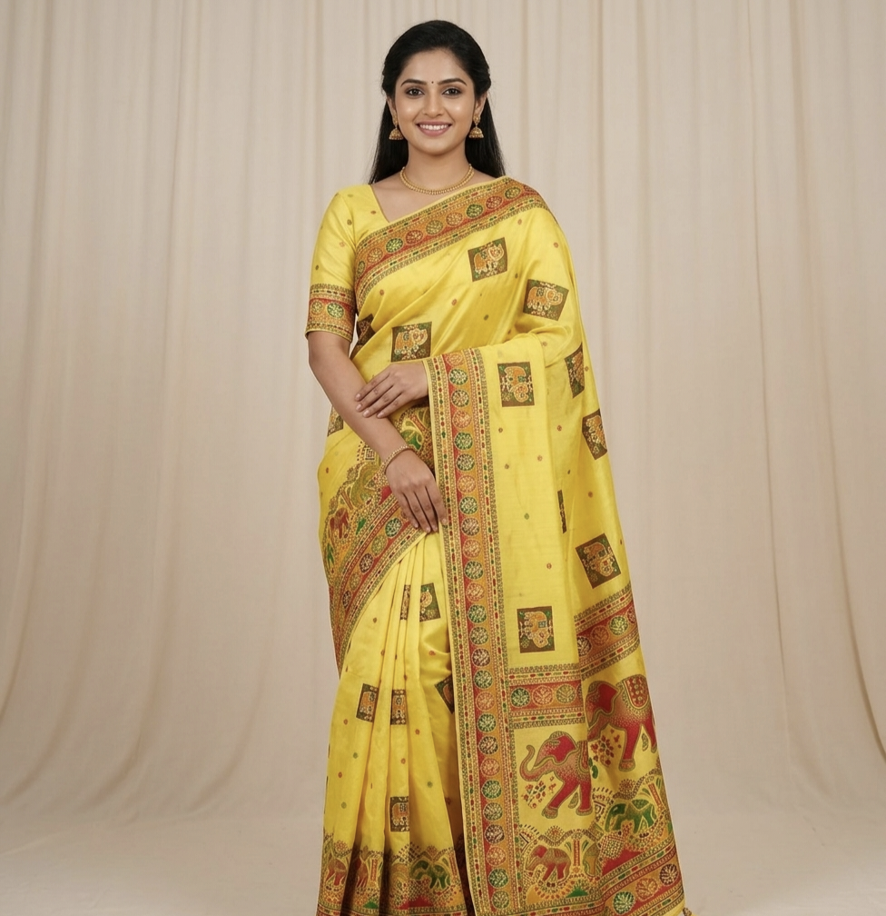 Traditional Elephant Print Silk Saree with Rich Ethnic Border