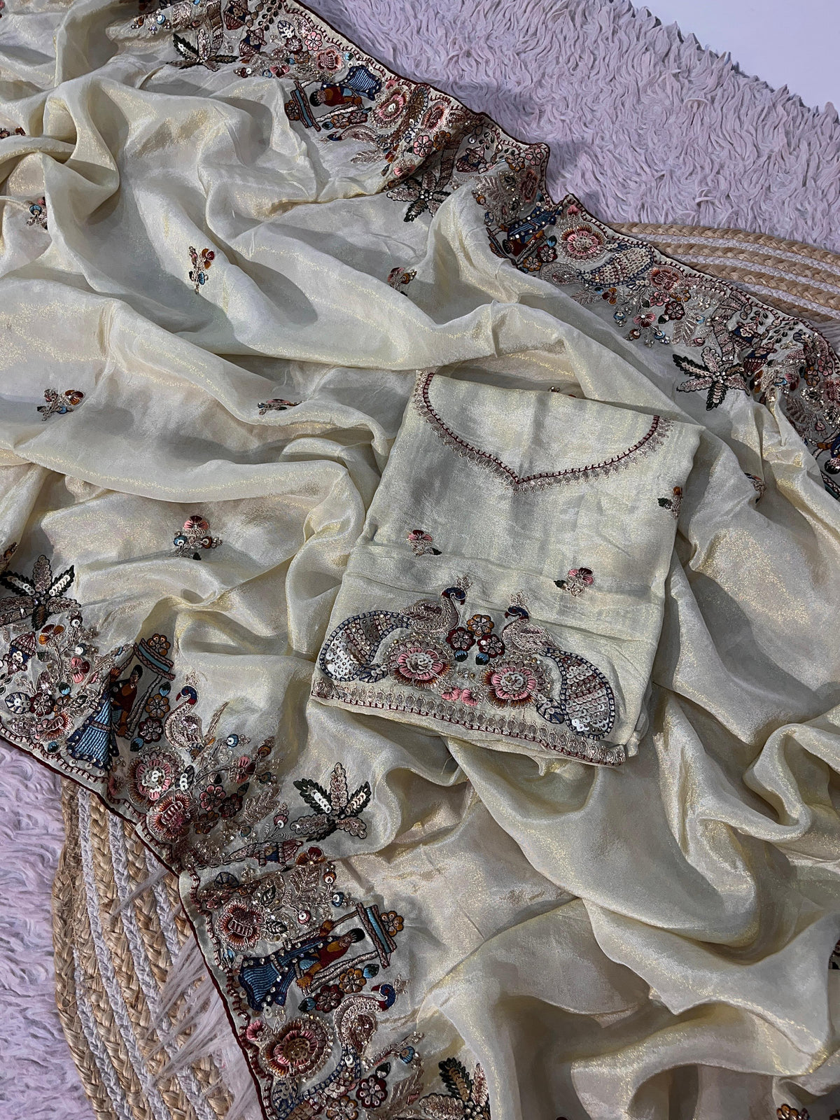 Premium Cosmos Silk Saree with Heavy Thread Embroidery, Zari & Sequin C-Pallu Work