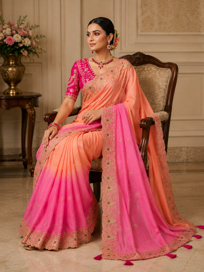Soft Space Silk Shaded Saree with Hand Mina, Sequins & Zari Embroidery | Full Stitch Blouse