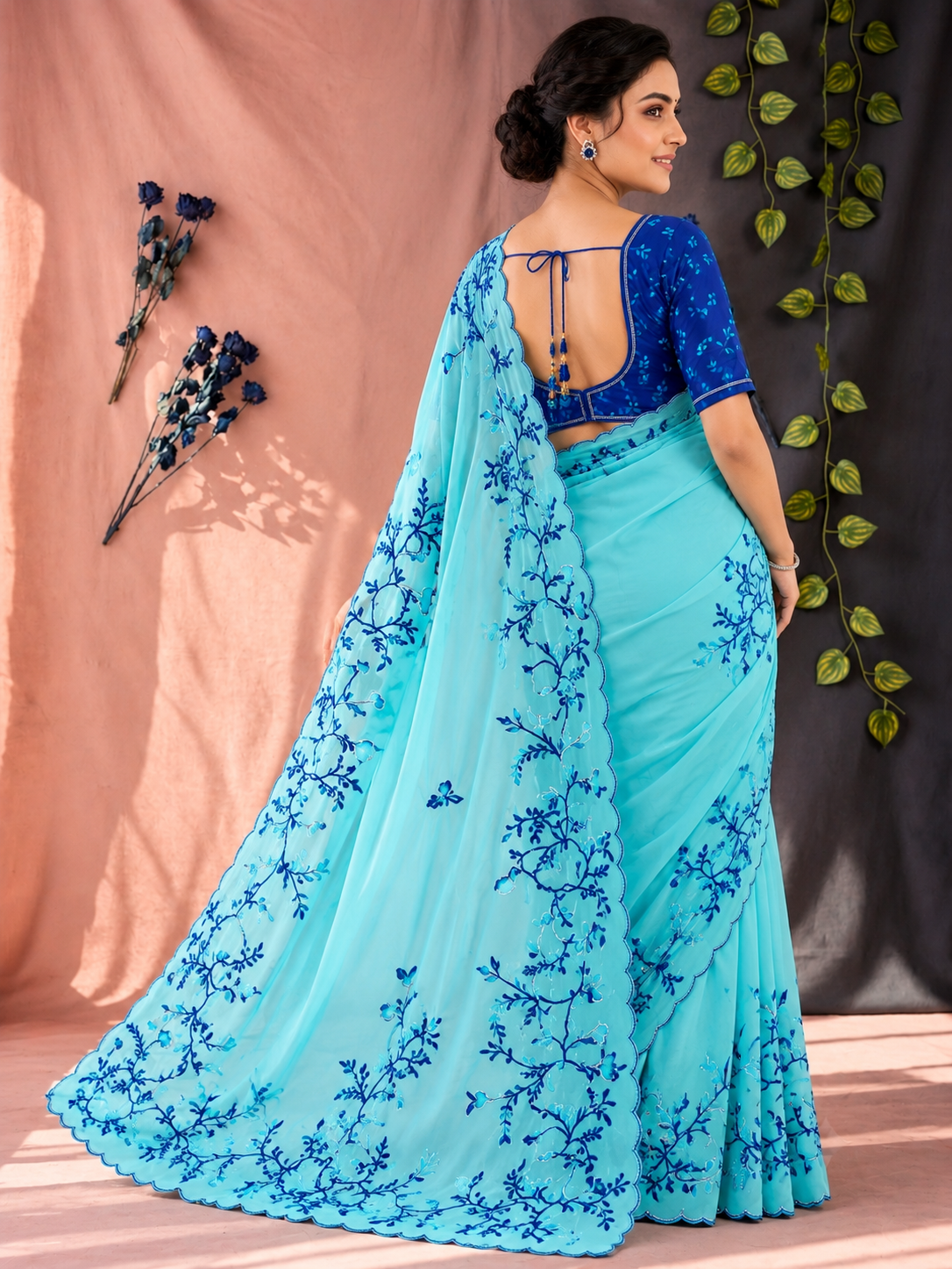 Radhika Teby Silk Saree with Digital Floral Print, Khatli & Cutdana Work