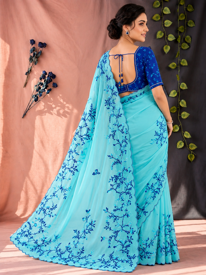 Radhika Teby Silk Saree with Digital Floral Print, Khatli & Cutdana Work