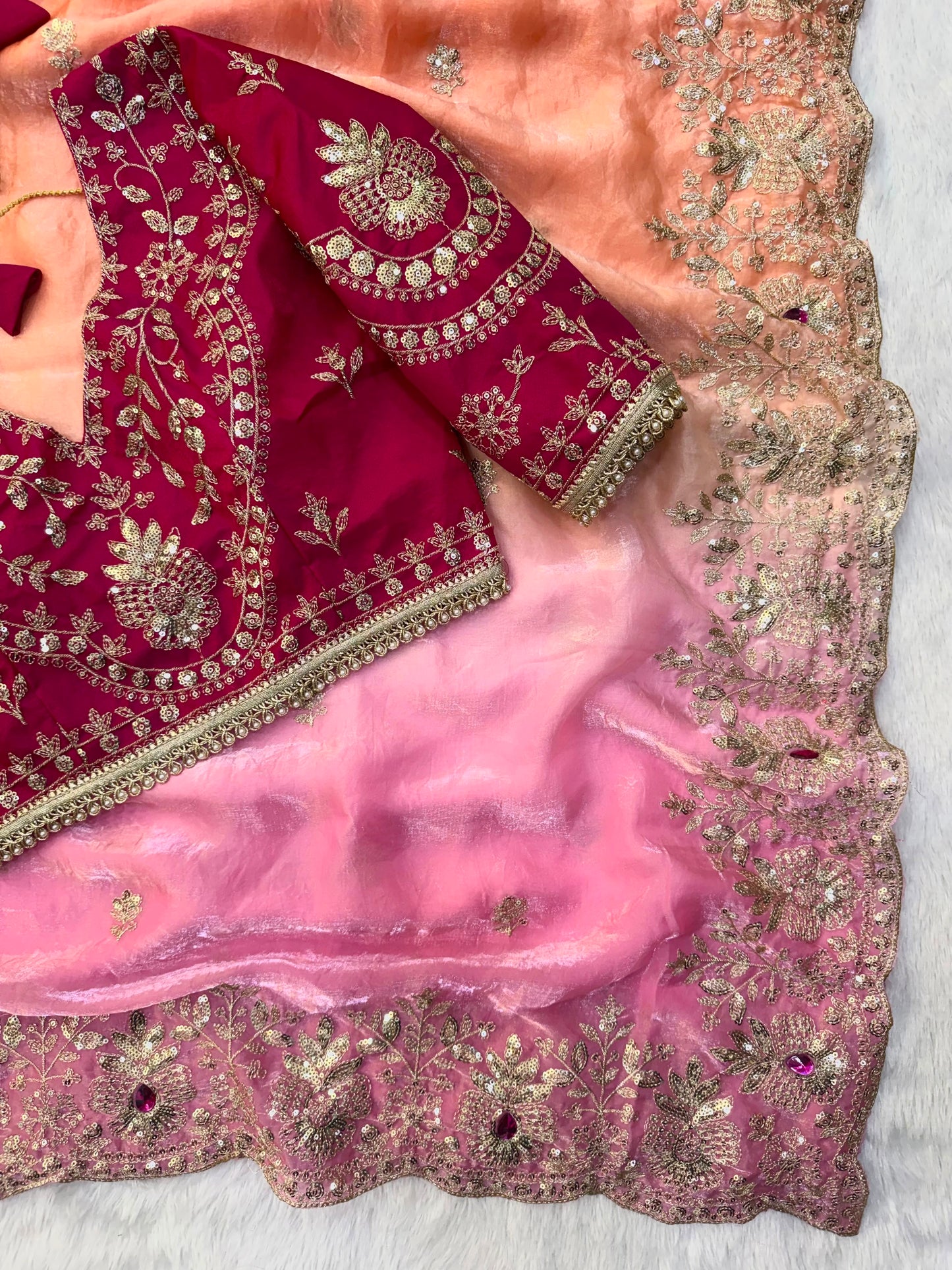 Soft Space Silk Shaded Saree with Hand Mina, Sequins & Zari Embroidery | Full Stitch Blouse