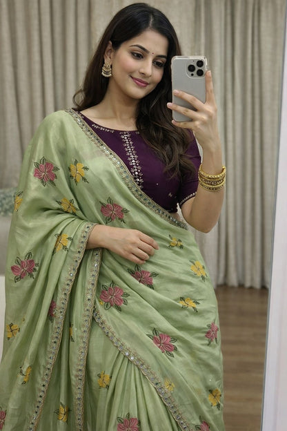 Chinon Silk Embroidery Saree