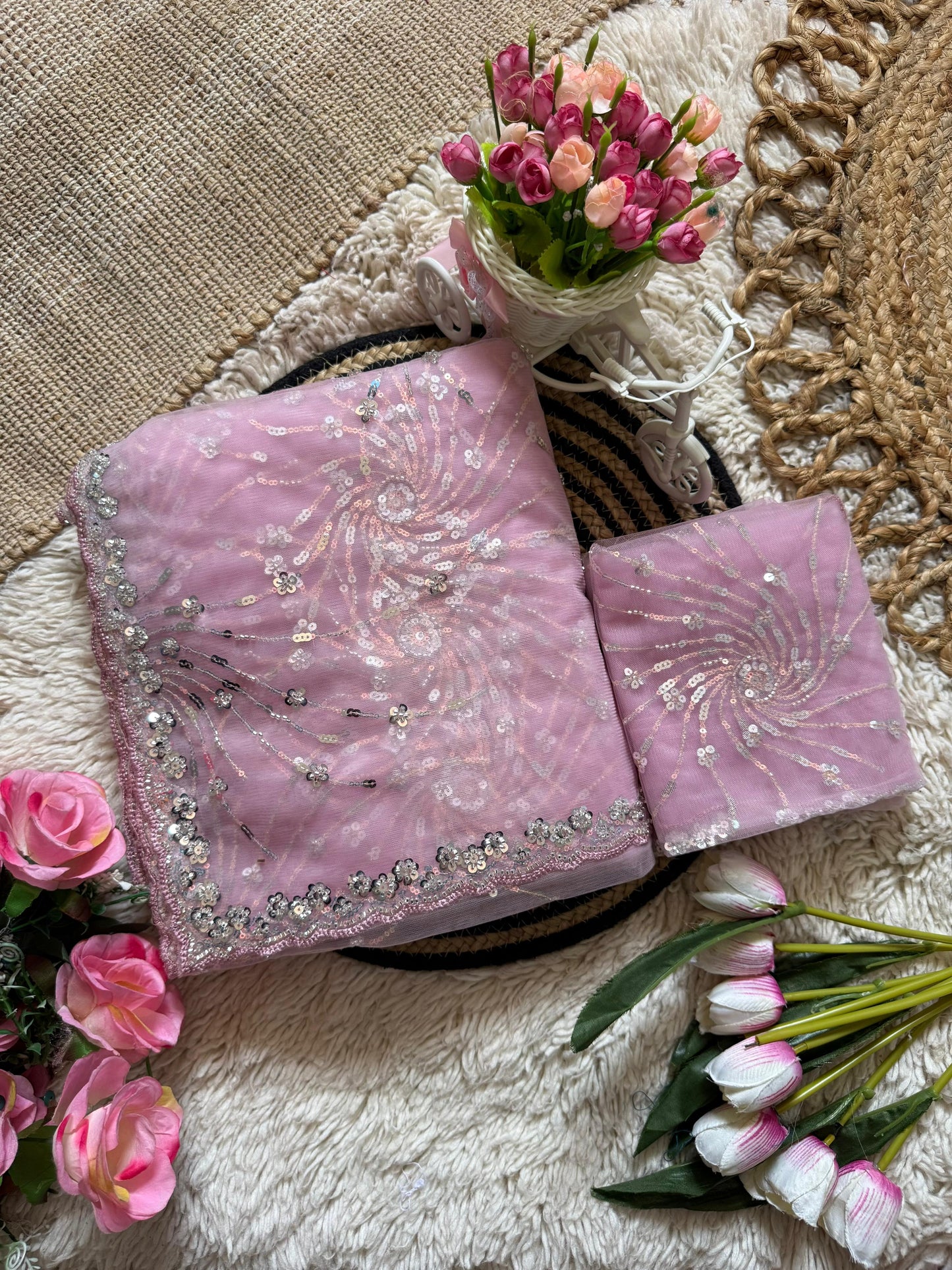 Premium Butterfly Soft Net Saree With Multi Sequence & Thread Embroidery
