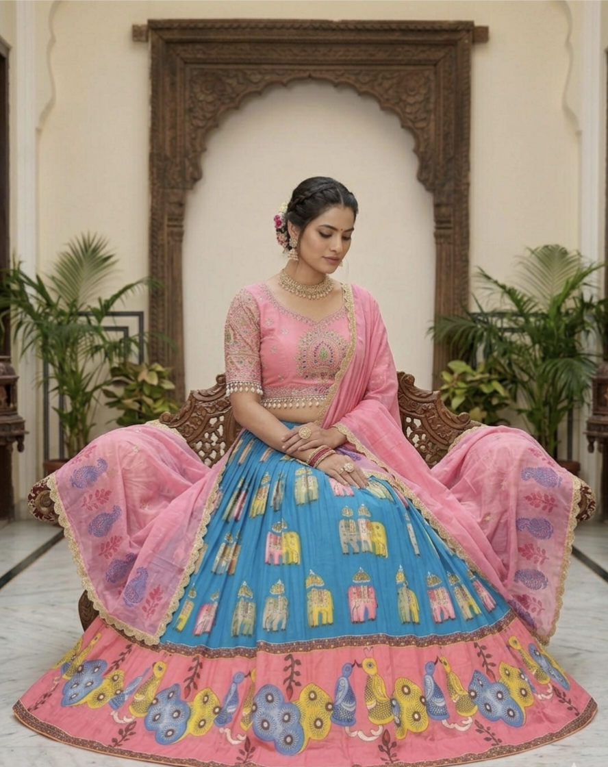 Festival Special Kalamkari Printed Lehenga Choli with Embroidery Blouse & Dupatta