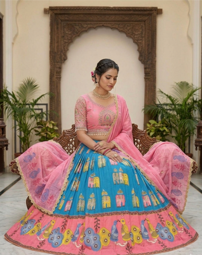 Festival Special Kalamkari Printed Lehenga Choli with Embroidery Blouse & Dupatta