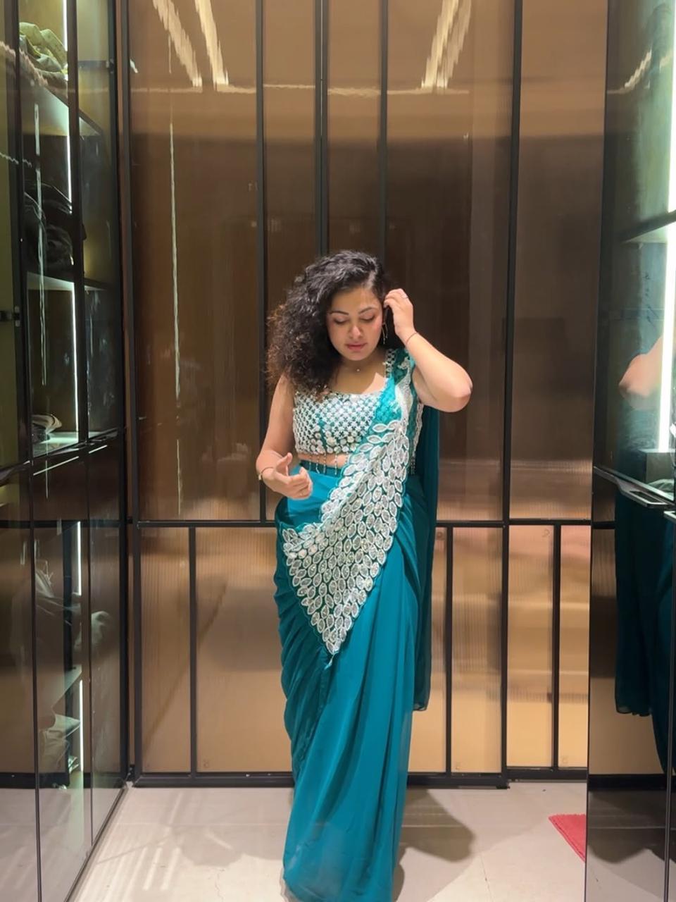 Ready to Wear Embroidered Georgette Saree with Designer Blouse – Teal Green, Mustard Yellow, Rani Pink