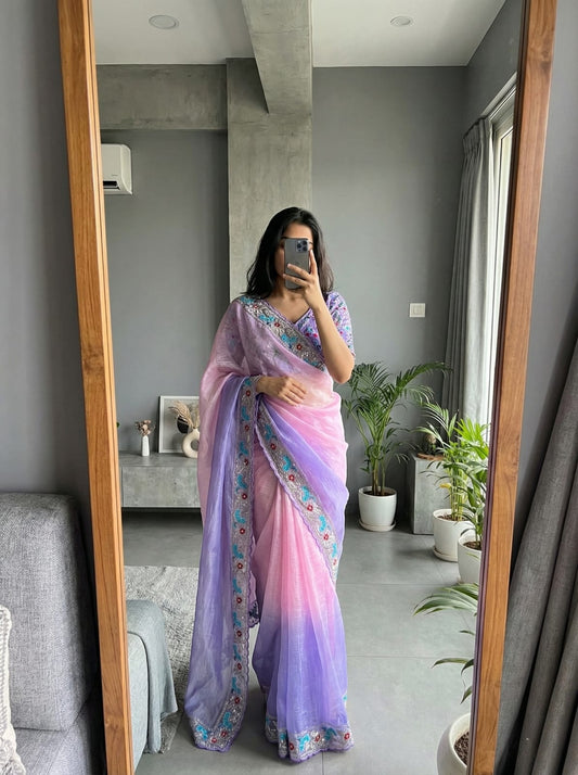 Candy Crush Embroidery Border Saree with Stitched Blouse